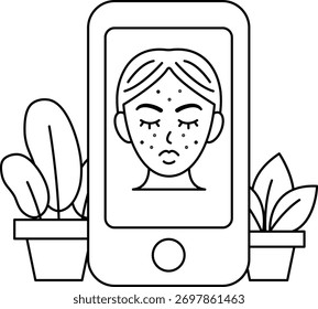 A woman's face is shown on a cell phone. The phone is placed on a table next to a potted plant. The woman's face is drawn in black and white, and she is looking at the camera