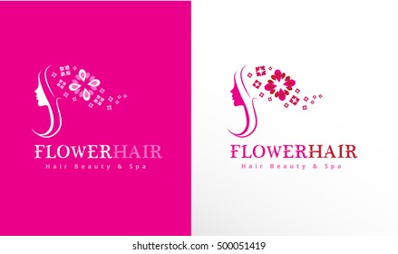 WOMAN'S FACE SILHOUETTE WITH FLOWER HAIR , ICON / LOGO 