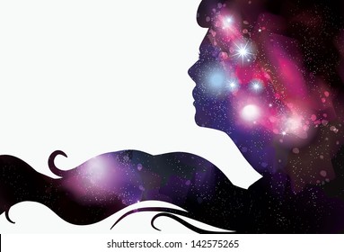 Woman's face silhouette with starry background hair