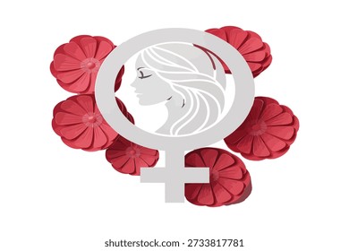 Womans face silhouette surrounded by flowers female symbol woman flower red feminine profile.