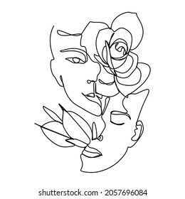 woman's face in single line art style with flowers and leaves Continuous lines in an elegant style.