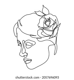 woman's face in single line art style with flowers and leaves Continuous lines in an elegant style.