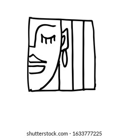 A woman's face in a square, a graphic contour element in a square. Avatar. Doodle illustration. Vector
