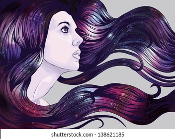 Woman's face with starry background hair