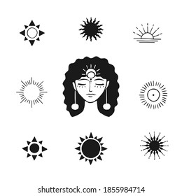 Woman's face and sun. Hand drawn. Design elements, tattoos, stickers. Illustration on the theme of beauty salon, massage, cosmetics, Spa. Vector illustration isolated on a white background.
