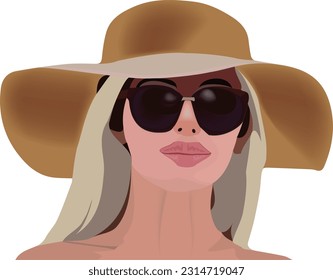 Das Gesicht der Frau mit einer Sonnenbrille und einer Sommerhütte
