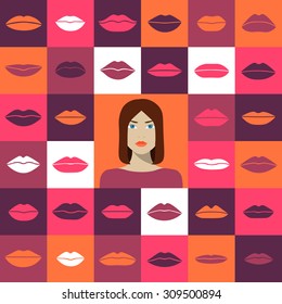 A woman's face surrounded by the lips of different colors and shapes.