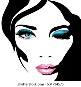 Woman's face. Vector illustration. Realistic pink lips and blue eyes with chic eyelashes