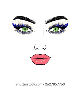  Woman's face with vibrant green eyes, dramatic blue and yellow eyelashes , red lips, and defined eyebrows on a white background.