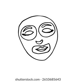 Woman's face wearing a sheet mask doodle cartoon vector beauty icon.