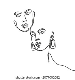 Woman's faces in one line art style. Outline minimalist design. Continuous line icon isolated on a white background. Elegant sketch for surface decoration.  