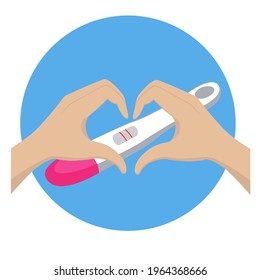 Woman's fair skin hands make a heart shape over a pregnancy test with a positive result in two lines. Planning baby, motherhood and health care concept.