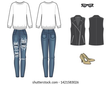 womans fashion look with sweetshirt and jeans