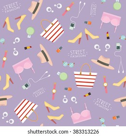 Woman's fashion set of accessories stuff seamless repeating pattern - flat style vector illustration