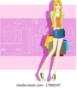 Woman's Fashion and Shopping - beautiful young female posing with pretty casual style on romantic pink and violet background : vector illustration