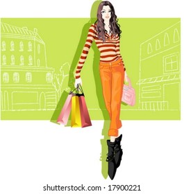 Woman's Fashion and Shopping - posing with pretty casual and urban style on green background : vector illustration