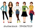 Womans fashion styles vector illustration. Female model in casual, teenage and business clothes isolated on white background