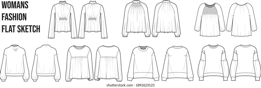 Womans fashion top blouse flat sketch Design Cad vector