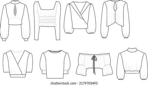 Womans fashion top blouse flat sketch Design Cad vector