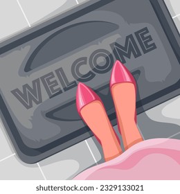 Womans feet in shoes on doormat in front of entrance to hallway vector illustration. Cartoon top view on legs in red shoes standing on carpet with Welcome, hospitality and invitation to guest to enter