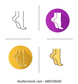 Woman's feet standing on tiptoe icon. Flat design, linear and color styles. Isolated vector illustrations