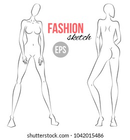 Woman's figure sketch. Different poses. Template for drawing for stylist and designers of clothes. Vector outline girl model template for fashion sketching. Woman's body. Fashion illustration.