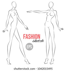 Woman's figure sketch. Different poses. Template for drawing for stylist and designers of clothes. Vector outline girl model template for fashion sketching. Woman's body. Fashion illustration.