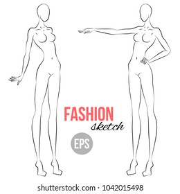 Woman's figure sketch. Different poses. Template for drawing for stylist and designers of clothes. Vector outline girl model template for fashion sketching. Woman's body. Fashion illustration.