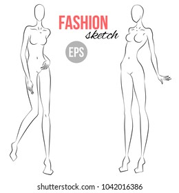 Frauenfigur. Unterschiedliche Posen. Vorlage zum Zeichnen für Stylisten und Designer der Kleidung. Vektorgrafik-Girl-Modell-Vorlage für Modeskizzen. Frauenkörper. Modegrafik.