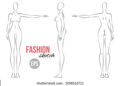 Woman's Figure Sketch. Different Poses. Technical Drawing. Vector Outline Girl Model Template For Fashion Sketching. Woman's Body. Fashion Illustration.