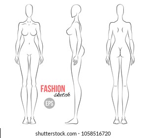 Woman's figure sketch. Different poses. Technical drawing. Vector outline girl model template for fashion sketching. Woman's body. Fashion illustration.