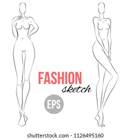 Woman's figure sketch. Different poses. Template for drawing for stylist and designers of clothes. Vector outline girl model template for fashion sketching. Woman's body. Fashion illustration.