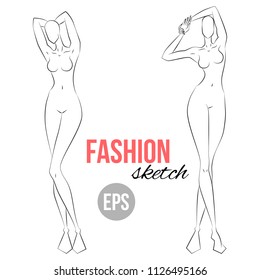 Woman's figure sketch. Different poses. Template for drawing for stylist and designers of clothes. Vector outline girl model template for fashion sketching. Woman's body. Fashion illustration.