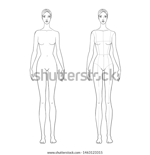 主線を持つ技術的な描き方をする女性のフィギュアスケッチ ファッションスケッチ用のベクターアウトラインガールモデルテンプレート ファッションイラストの女性の体 01 のベクター画像素材 ロイヤリティフリー