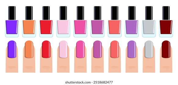 Dedos femininos. Conjunto de cores de diferentes esmalte de unha e unhas. ilustração vetorial em design plano.