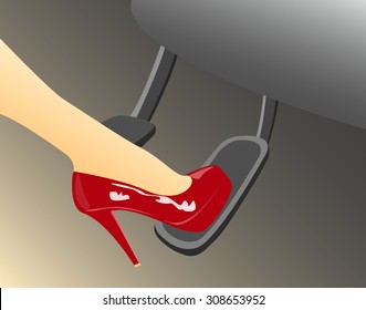 A woman's foot in a high heeled red shoe pressing the gas pedal in a car