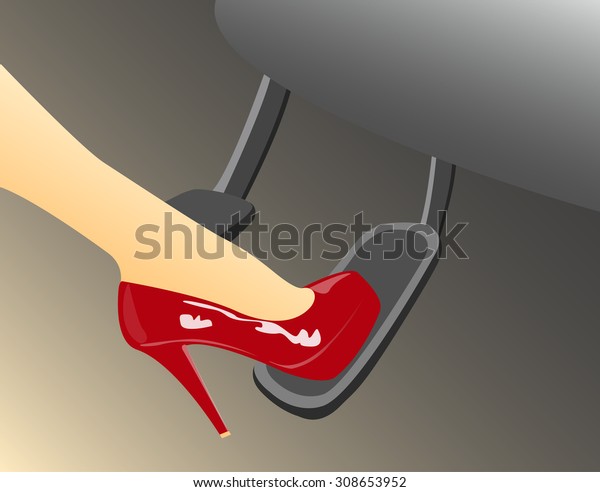 A woman\'s foot in a high heeled red shoe pressing the\
gas pedal in a car