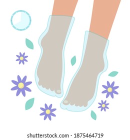 Woman's foot wearing mask in the form of a sock with flowers, leaves, clock isolated on white background. Legs care concept. Vector flat illustration. Cosmetic procedure for women at home.