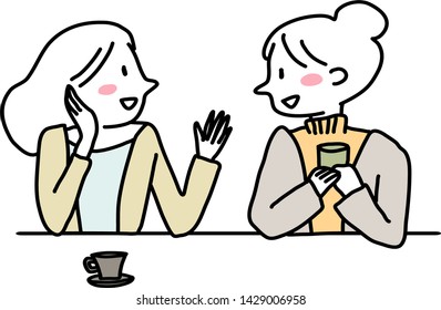 Woman's friendship concept with cute girlfriends laughing and smiling together. Happy girl drinking tea or coffee together with friend in a coffee shop. Two girls sitting and talking cheerfully. 