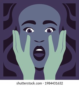 A woman's frightened face. Fears and phobias. Mysticism and horror. Vector flat illustration