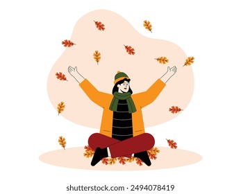 A woman's fun playing with fallen leaves in fall season, vector illustration.