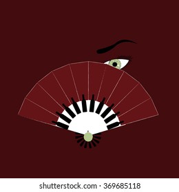 Woman's green eye behind spanish fan with bottles of wine and grape on bordeaux background,vector
