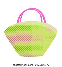 Womans green flat beach bag. Summertime elements. Women accessory. Modern fashion female item. Isolated bag on white. Summer element for design poster, banner,  website. Vector stock illustration