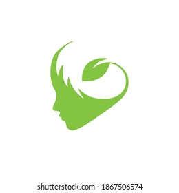 Woman's Green Silhouette. Leaf Face Creative Logo Design Vector Template. Green Silhouetter for Company Logo