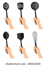 Woman's hahds with black plastic kitchen utensils. Flat concept illustration set of cooking tools. Vector cook equipment collection. Group of kitchenware appliances isolated on white background.