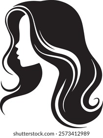 A woman's hair  in black and white silhouette
 . The hair is long and flowing, with a slight wave. The image is of a stylized head, with the hair being the main