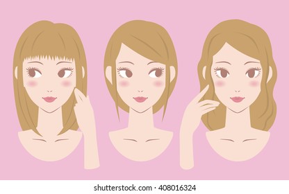 woman's hair style set, various pose and expression, vector illustration