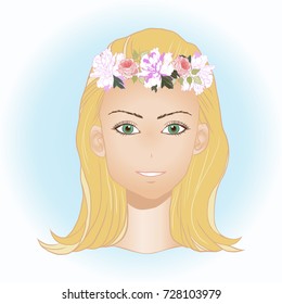 Woman's Hairstyle with flower wreath isolated on a blue gradient background.