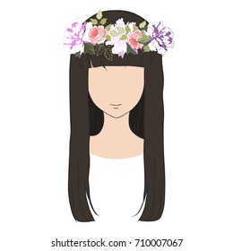 Woman's  Hairstyle long hair style with flower wreath isolated on white.