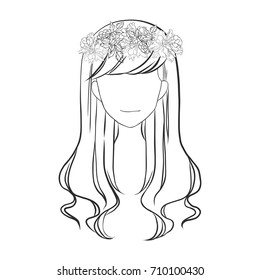 Woman's  Hairstyle long hair style with flower wreath isolated on white.
